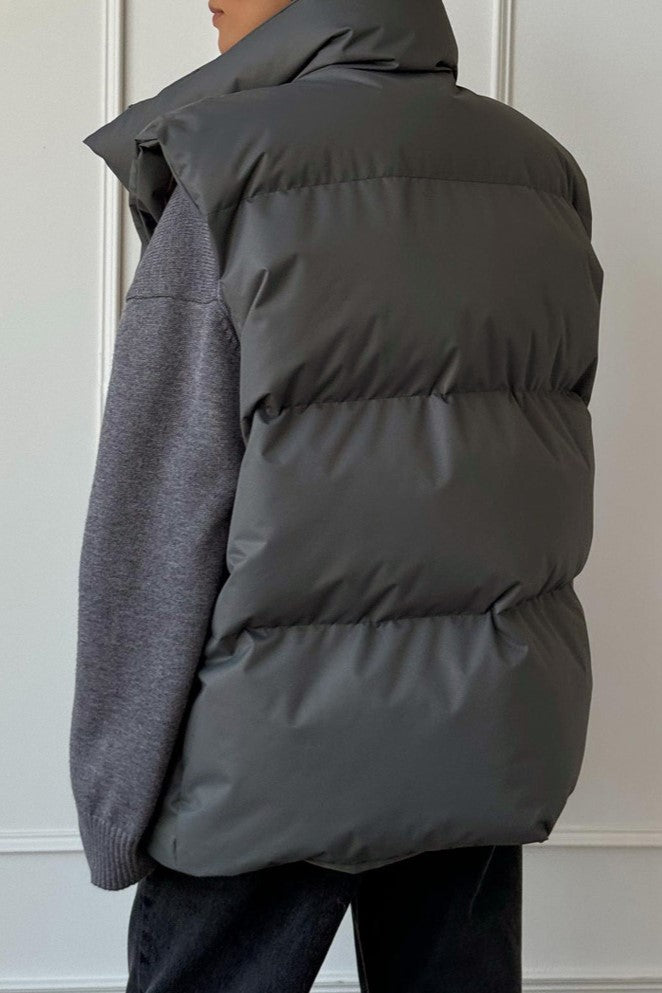Longline Down Puffer Vest High Collar - Charcoal - 4