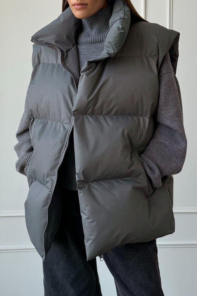 Longline Down Puffer Vest High Collar - Charcoal - 5