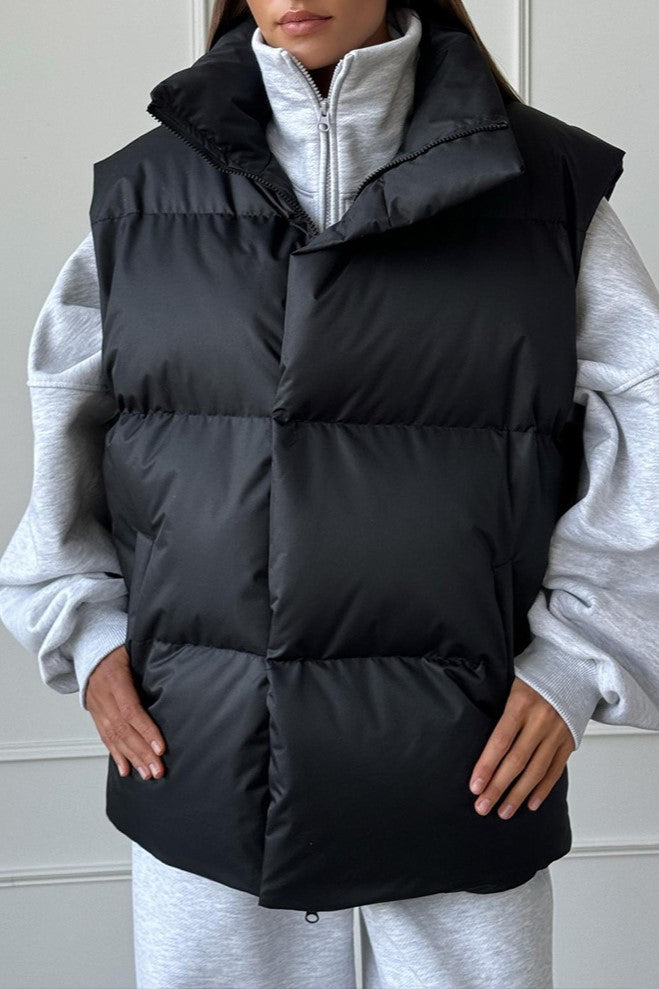 Longline Down Puffer Vest High Collar - black