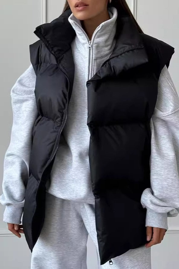 Longline Down Puffer Vest High Collar - black - 1