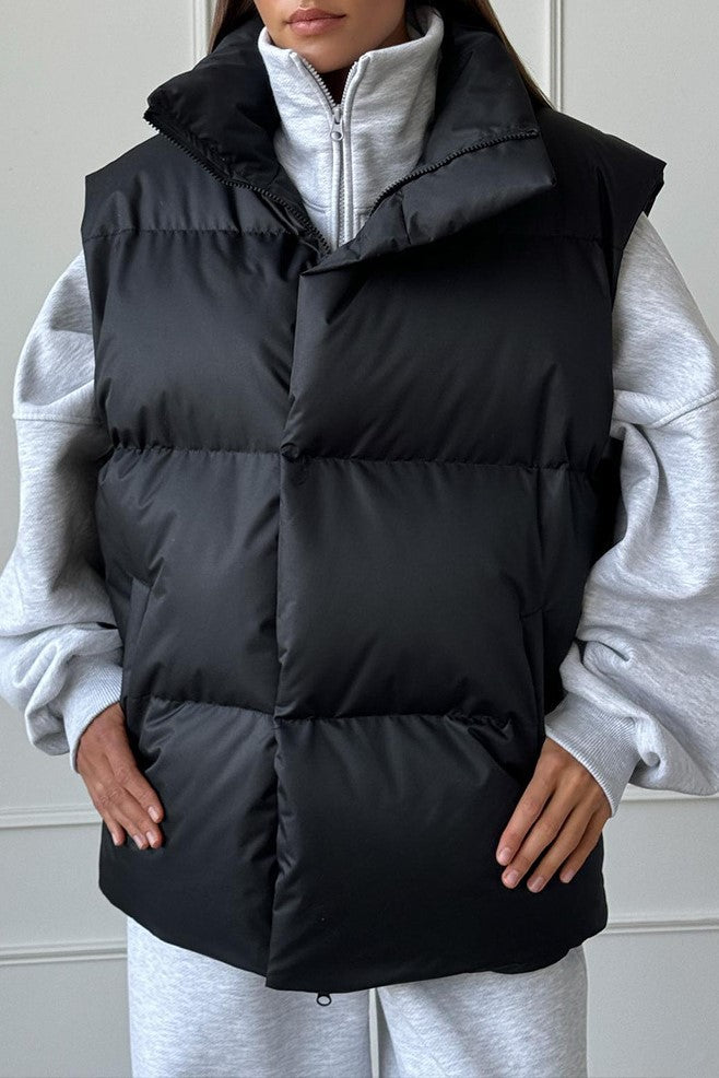 Longline Down Puffer Vest High Collar - black - 2
