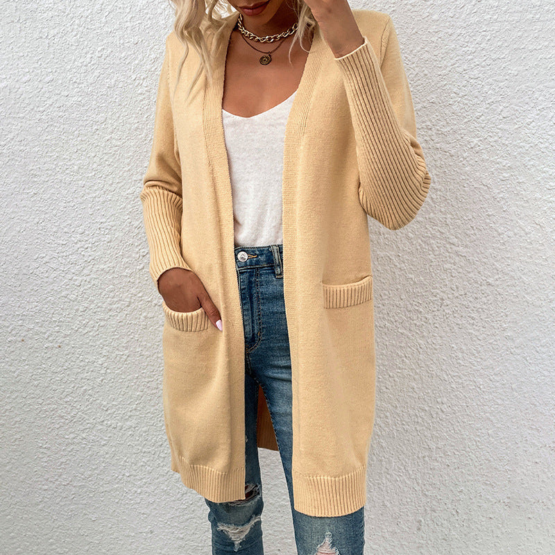 Open Front Longline Knit Cardigan With Pockets - Apricot