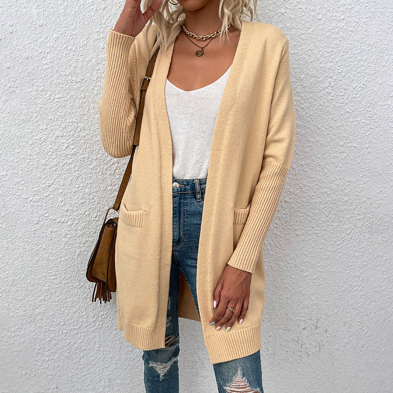 Open Front Longline Knit Cardigan With Pockets - Apricot - 1