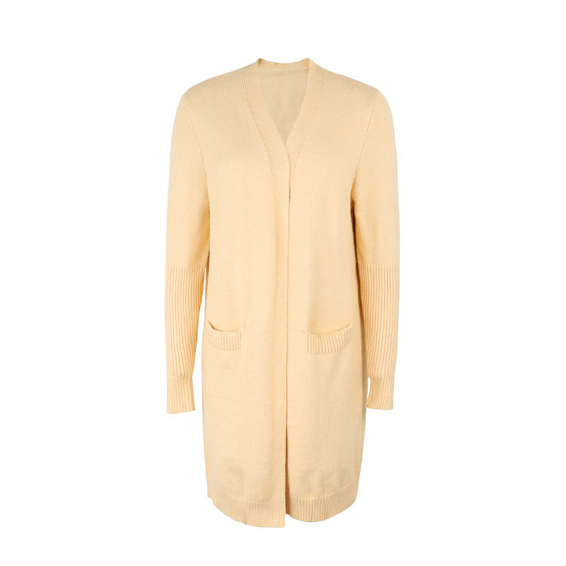 Open Front Longline Knit Cardigan With Pockets - Apricot - 2