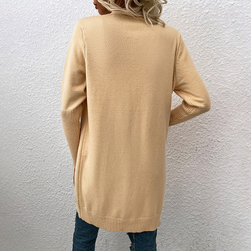 Open Front Longline Knit Cardigan With Pockets - Apricot - 3
