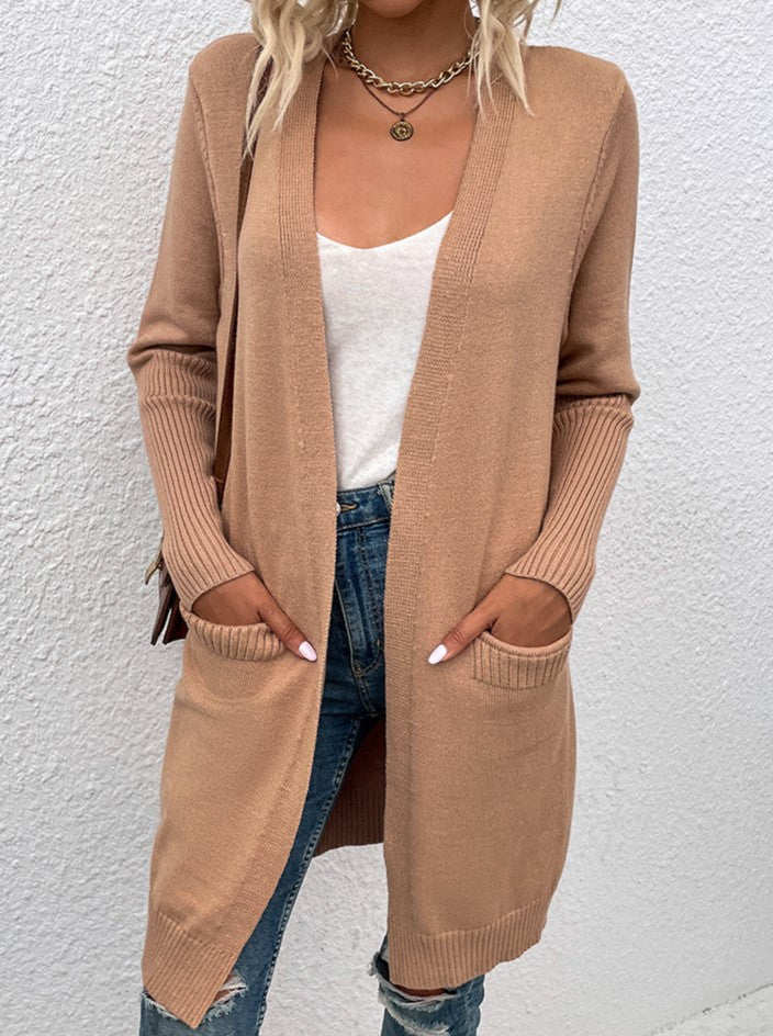 Open Front Longline Knit Cardigan With Pockets