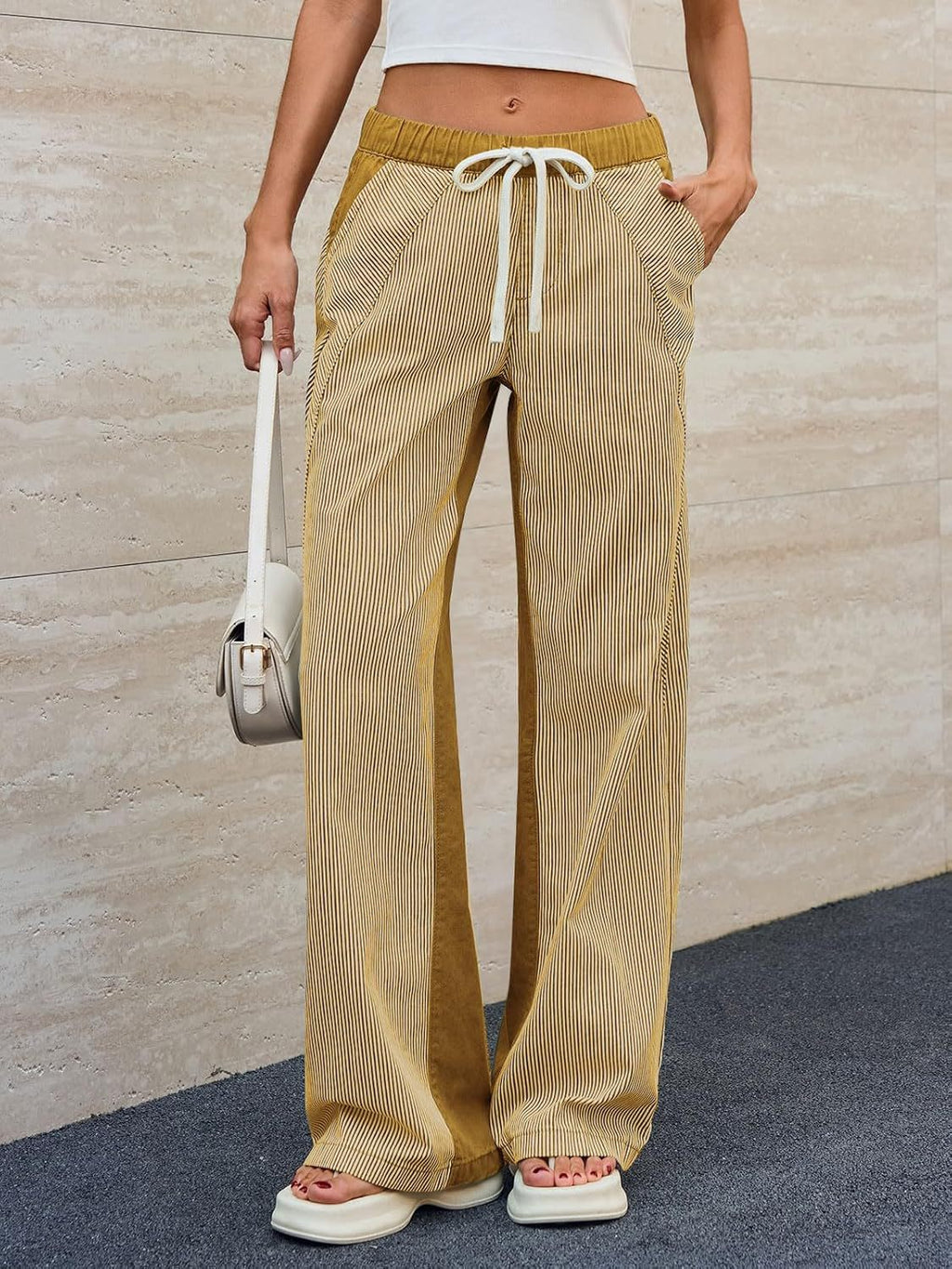 Pinstripe Panelled Wide Leg Drawstring Pants - Yellow