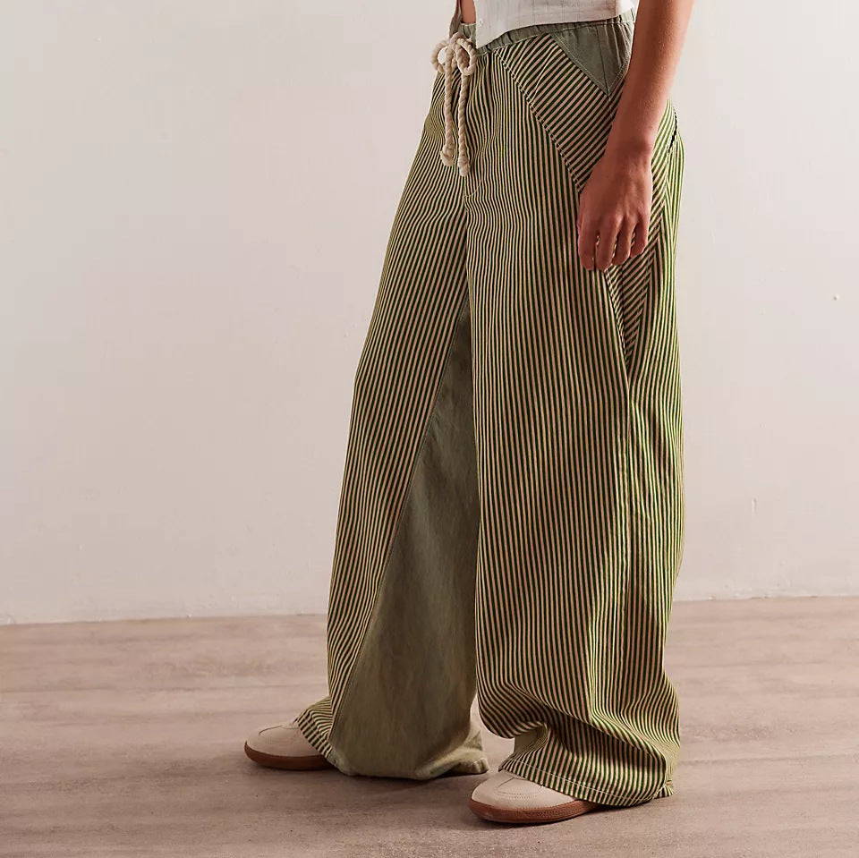 Pinstripe Panelled Wide Leg Drawstring Pants