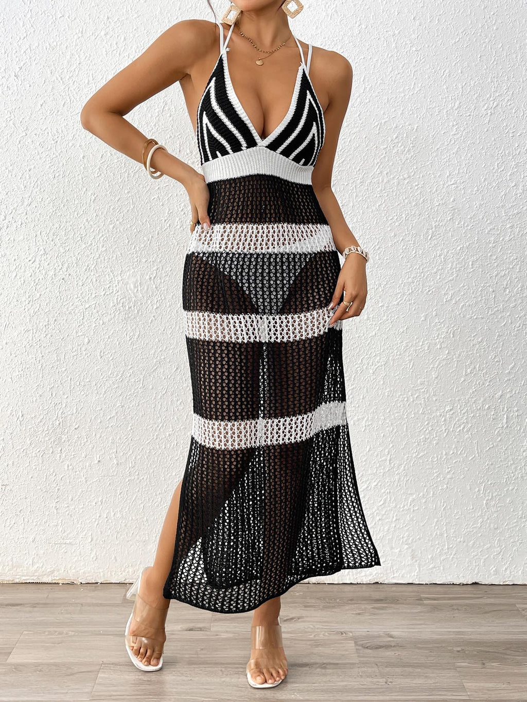 Striped Crochet Halter Beach Cover Up Dress - Black