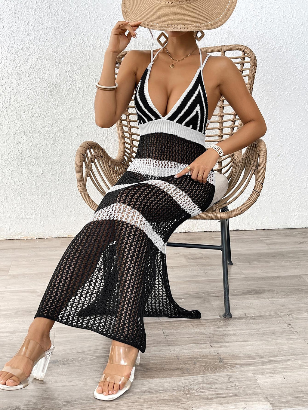 Striped Crochet Halter Beach Cover Up Dress - Black - 4