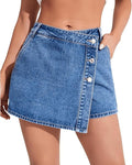 Asymmetric Button Wrap Denim Skort - Blue