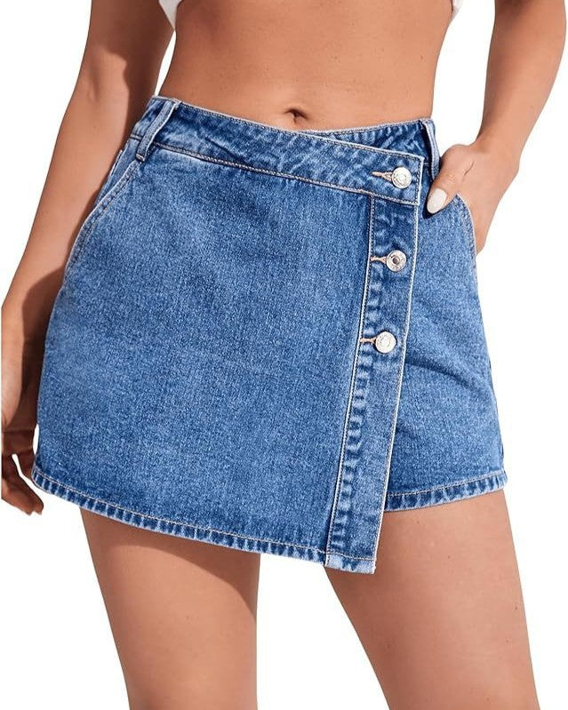 Asymmetric Button Wrap Denim Skort - Blue
