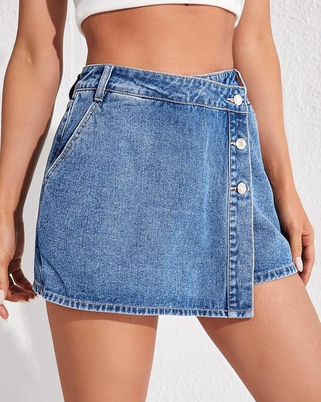 Asymmetric Button Wrap Denim Skort - Blue - 1