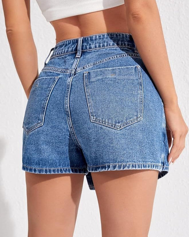 Asymmetric Button Wrap Denim Skort - Blue - 2
