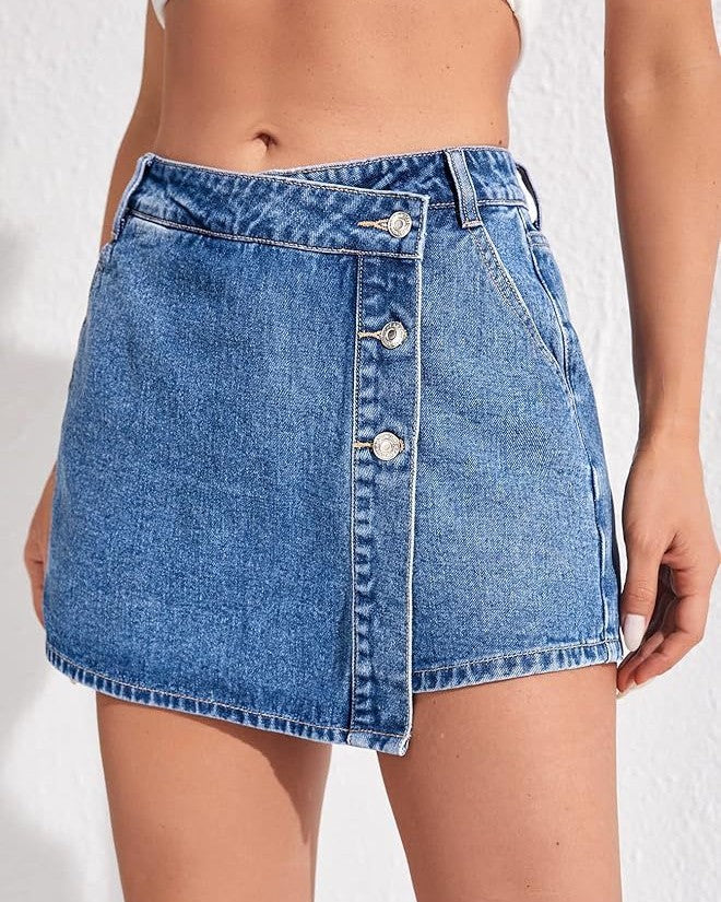 Asymmetric Button Wrap Denim Skort - Blue - 3