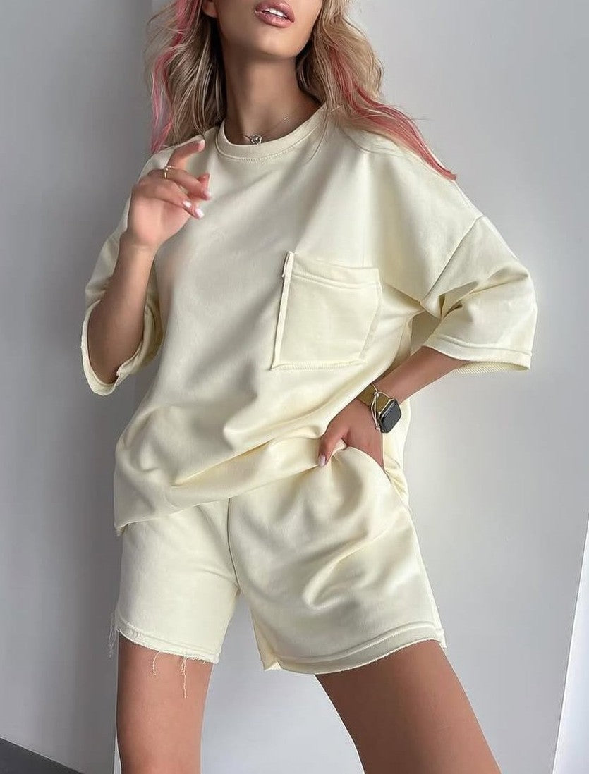 Oversized Pocket Tee And Shorts Lounge Set - Apricot