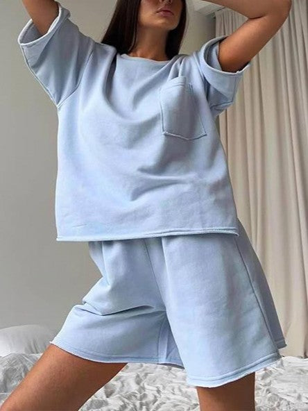 Oversized Pocket Tee And Shorts Lounge Set - Blue