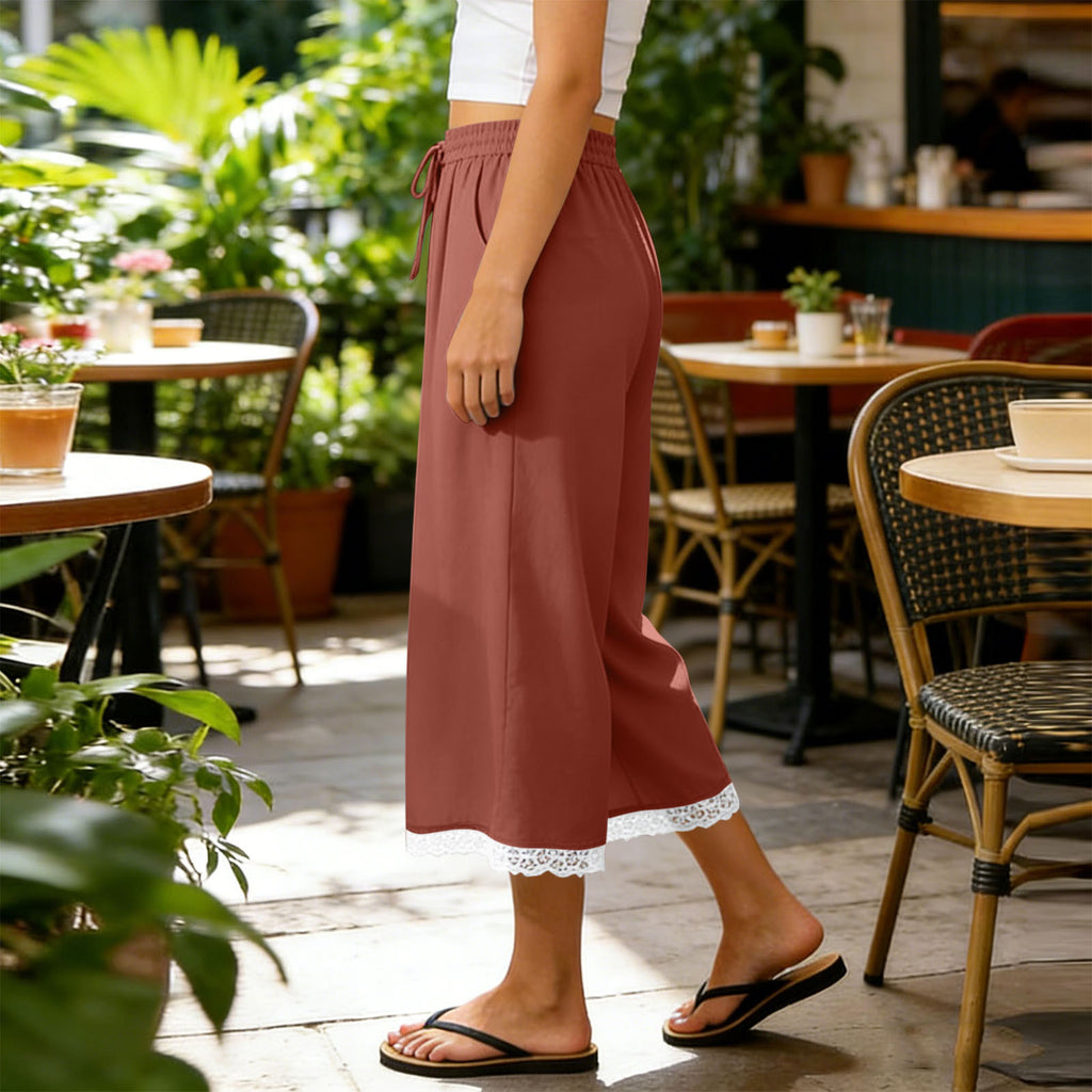 Lace Hem Cropped Wide Leg Beach Pants - Brickred - 1