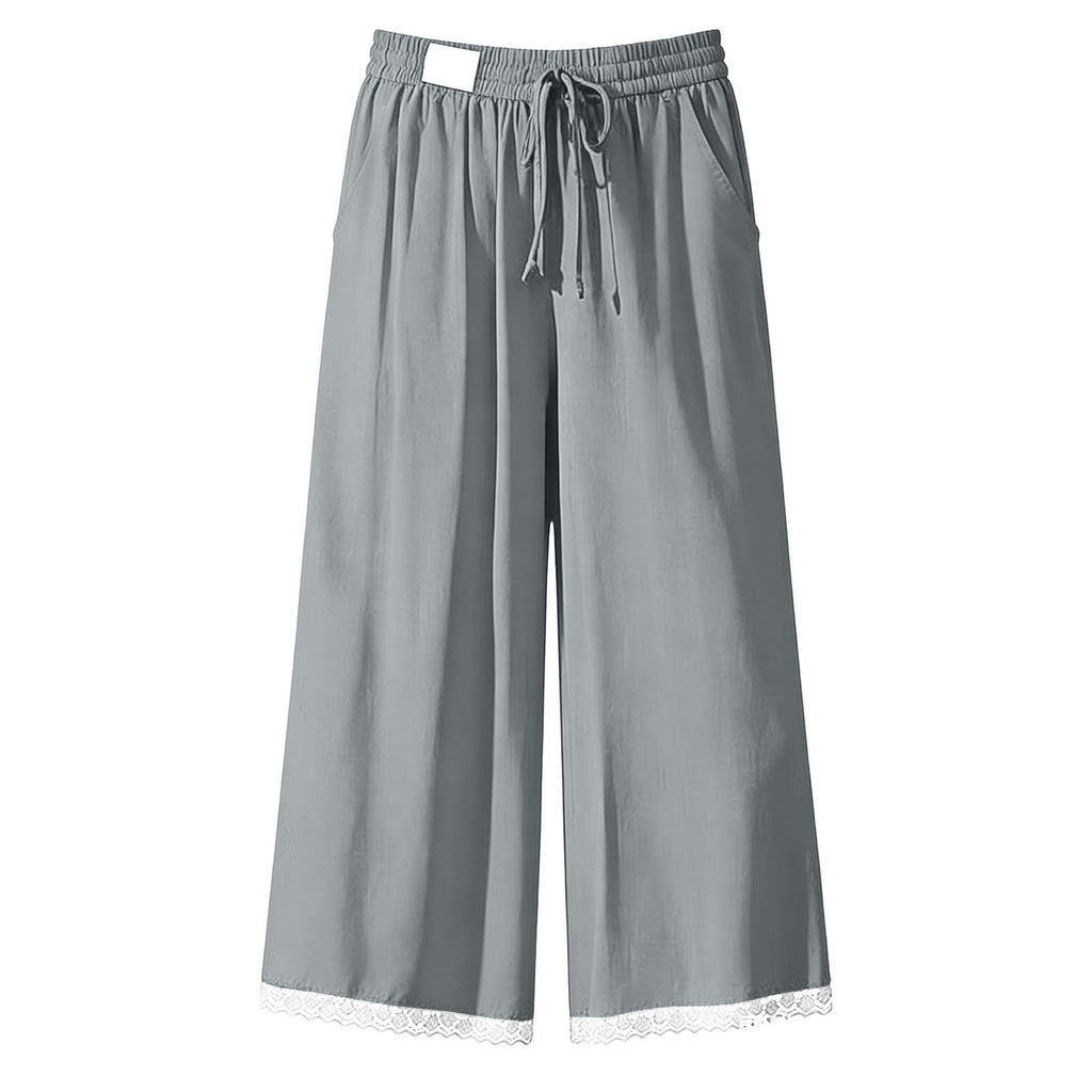 Lace Hem Cropped Wide Leg Beach Pants - Gray