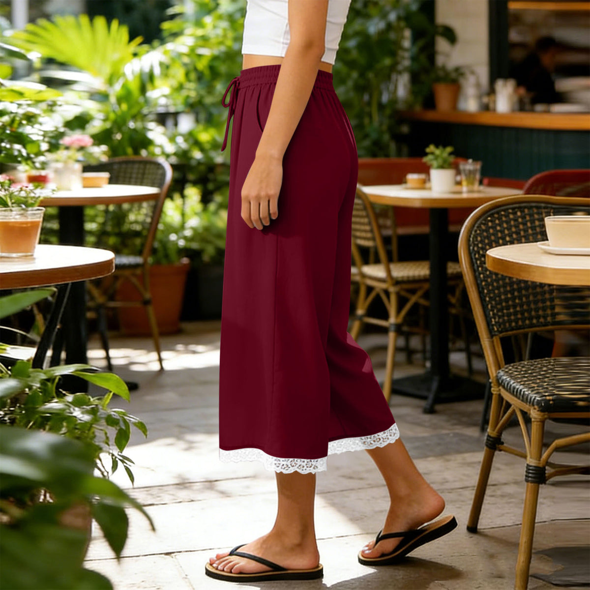 Lace Hem Cropped Wide Leg Beach Pants - Wine_red - 1