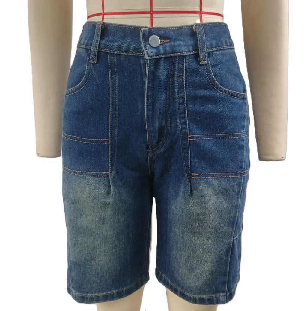 Faded Knee Length Denim Bermuda Shorts - Blue - 1