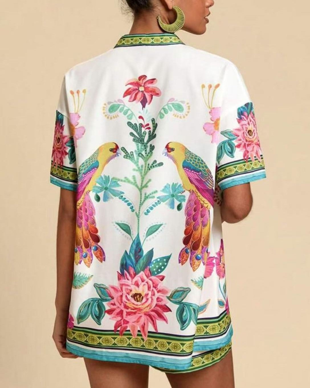 Folk Print Open Shirt And Shorts Set - Emerald - 1