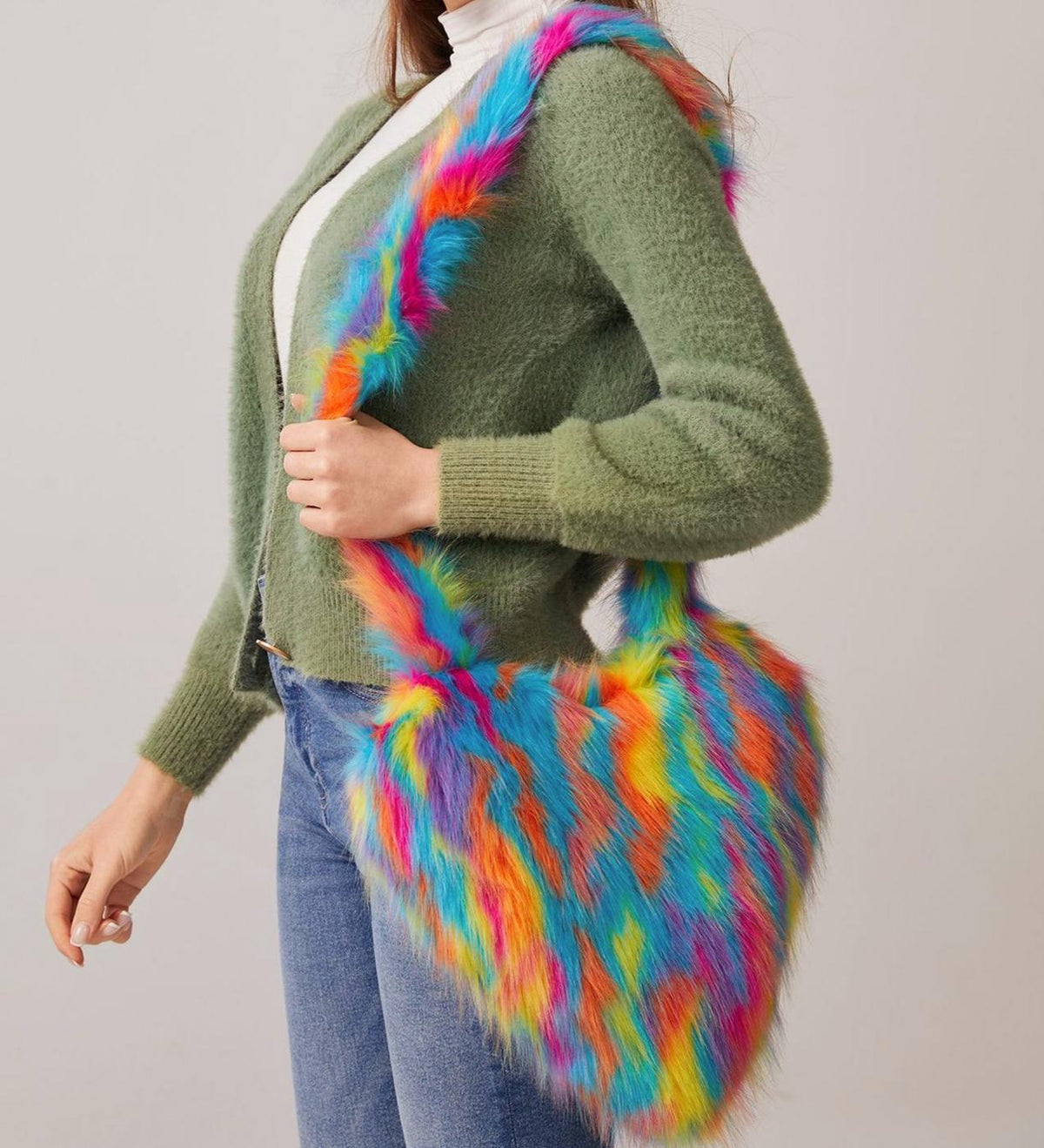 Plush Heart Shoulder Bag With Magnetic Closure - Colored - 1