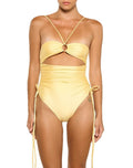 O Ring Cutout Ruched One Piece Swimsuit - Yellow