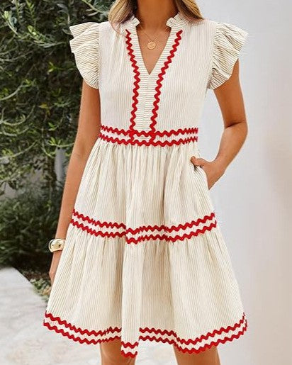 Flutter Sleeve Tiered Mini Dress With Zigzag Trim - Apricot