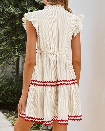 Flutter Sleeve Tiered Mini Dress With Zigzag Trim - Apricot - 1