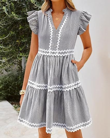 Flutter Sleeve Tiered Mini Dress With Zigzag Trim - Black