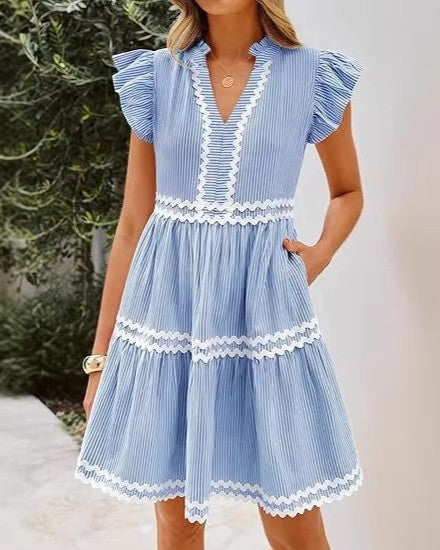 Flutter Sleeve Tiered Mini Dress With Zigzag Trim - Blue
