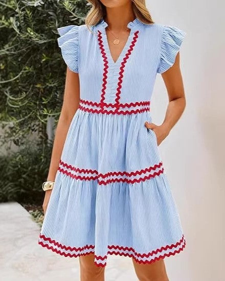 Flutter Sleeve Tiered Mini Dress With Zigzag Trim - Blue-Red