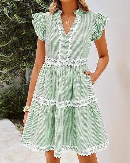 Flutter Sleeve Tiered Mini Dress With Zigzag Trim - Green
