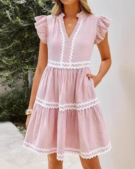 Flutter Sleeve Tiered Mini Dress With Zigzag Trim - Pink