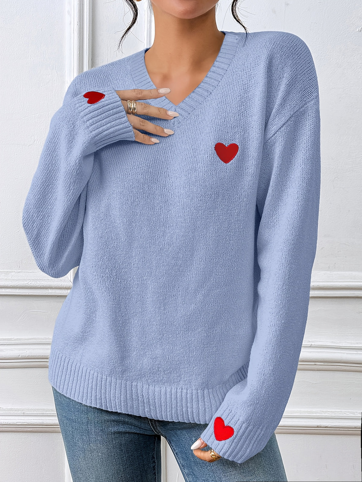 Heart Motif V Neck Drop Shoulder Sweater - Blue