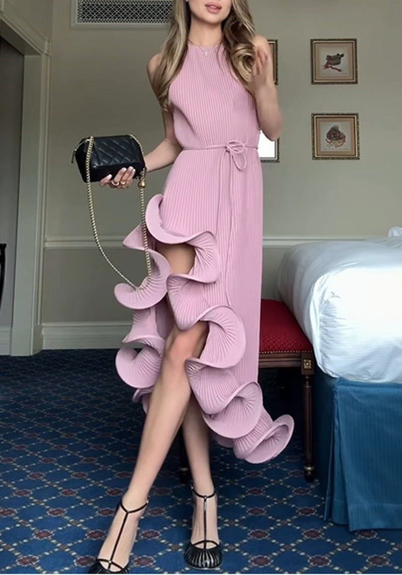 Pleated Ruffle Slit High Neck Midi Dress - Pink
