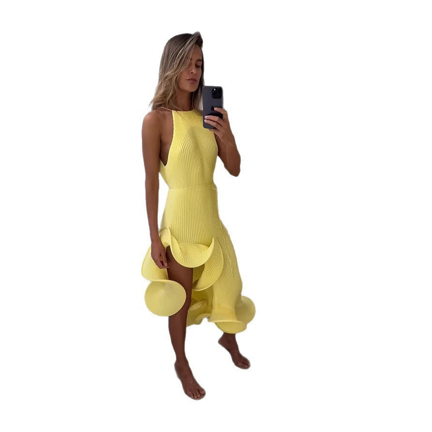 Pleated Ruffle Slit High Neck Midi Dress