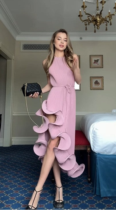 Pleated Ruffle Slit High Neck Midi Dress