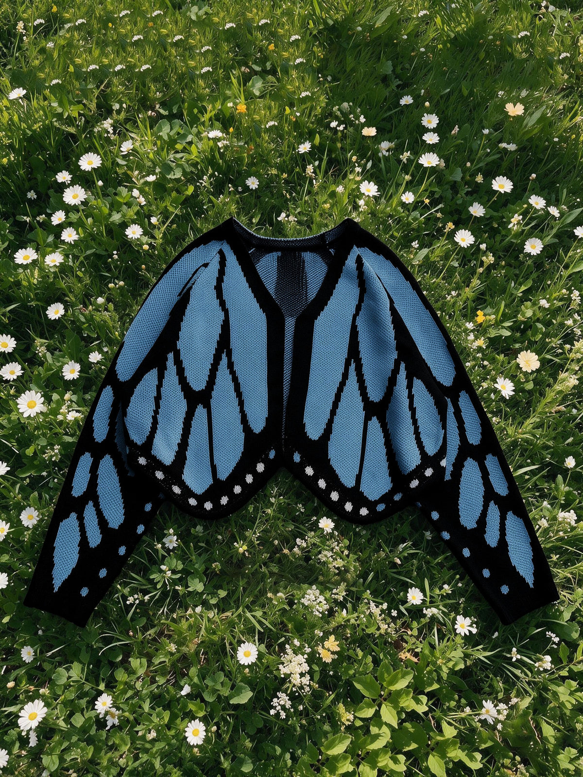 Butterfly Wing Knit Cardigan With Scalloped Hem - Blue