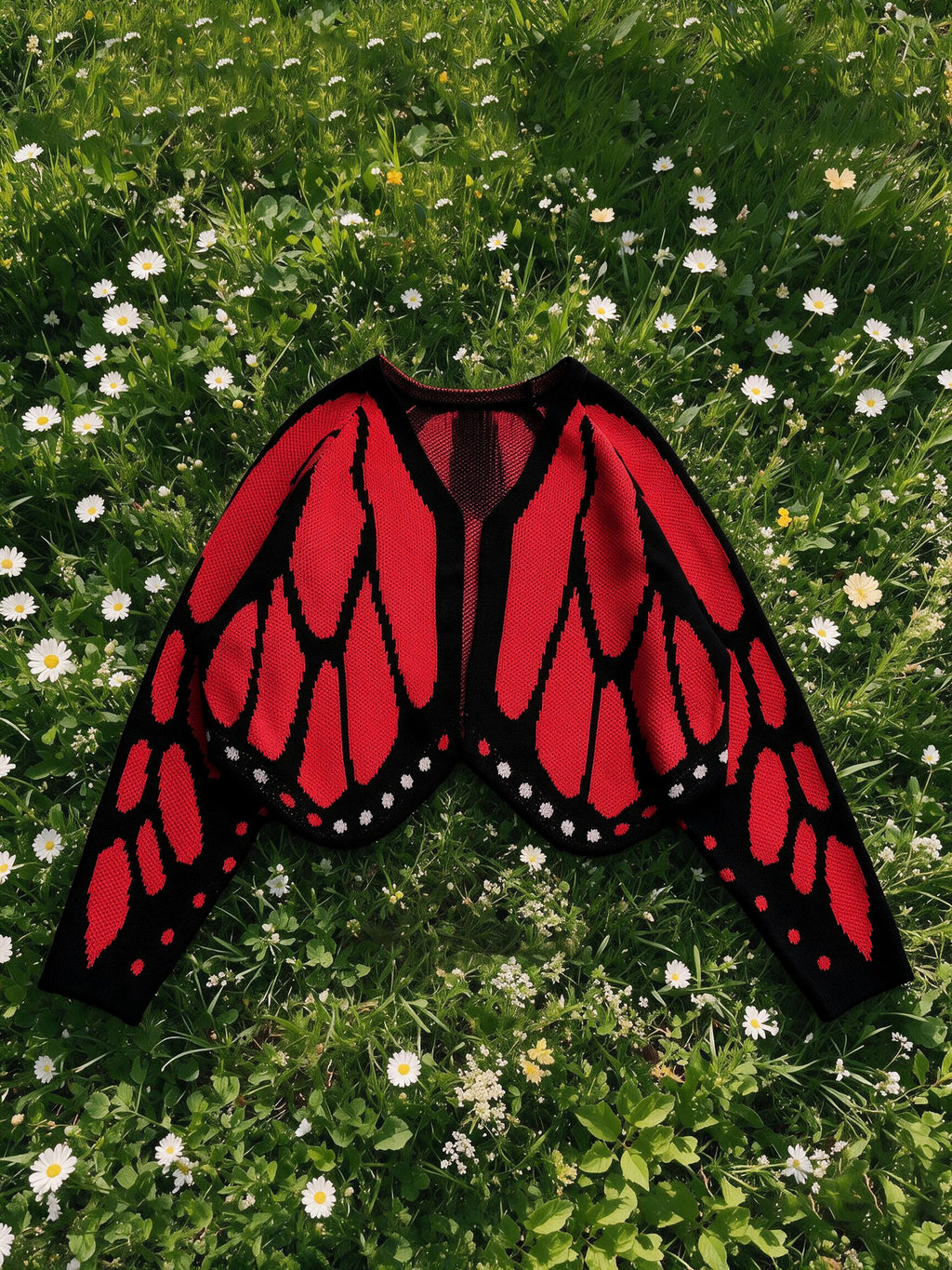 Butterfly Wing Knit Cardigan With Scalloped Hem - Red