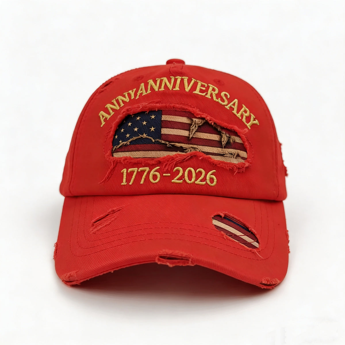 Distressed Flag Embroidered Adjustable Baseball Cap - Red