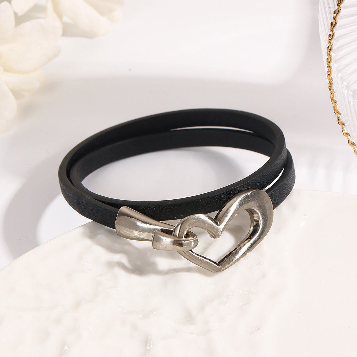 Heart Clasp Double Wrap Faux Leather Bracelet - Black