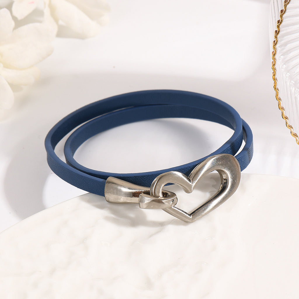 Heart Clasp Double Wrap Faux Leather Bracelet - Blue