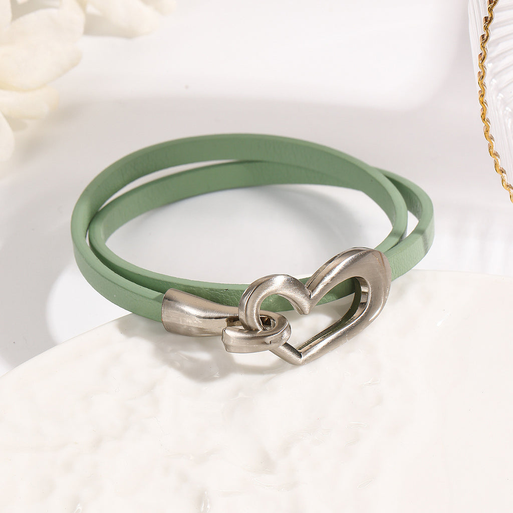 Heart Clasp Double Wrap Faux Leather Bracelet - Green