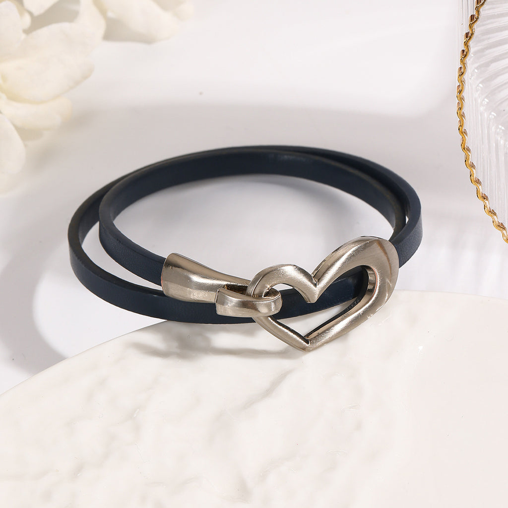 Heart Clasp Double Wrap Faux Leather Bracelet - Navy