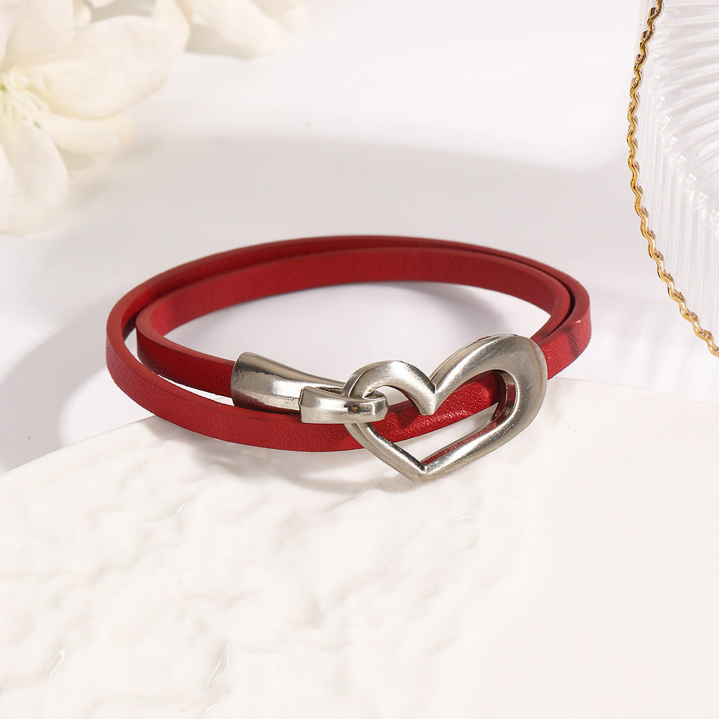 Heart Clasp Double Wrap Faux Leather Bracelet - Red