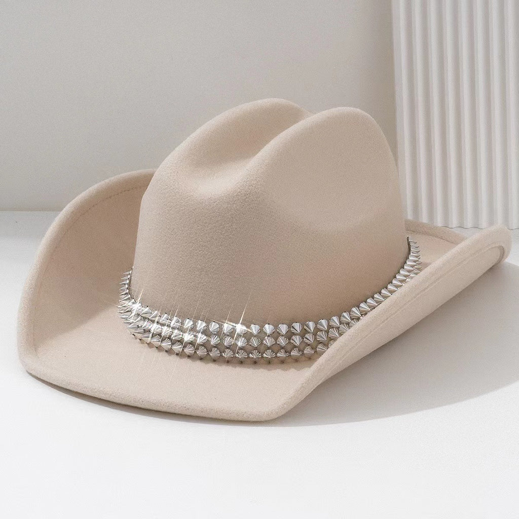 Rhinestone Studded Felt Cowboy Hat - Beige