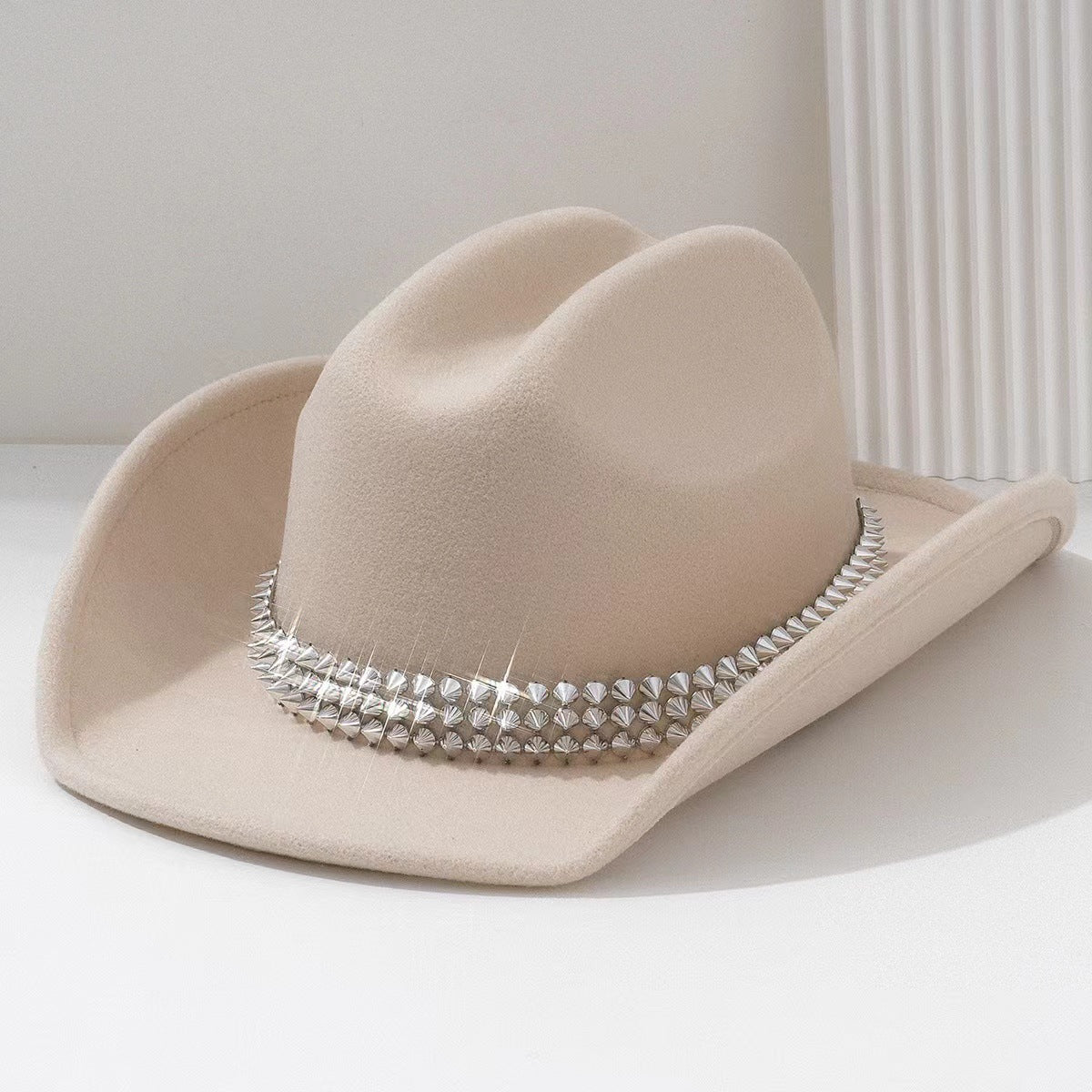 Rhinestone Studded Felt Cowboy Hat - Beige