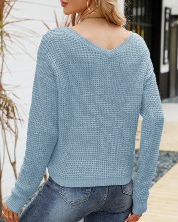 Waffle Knit Drawstring V-Neck Top - Blue - 1